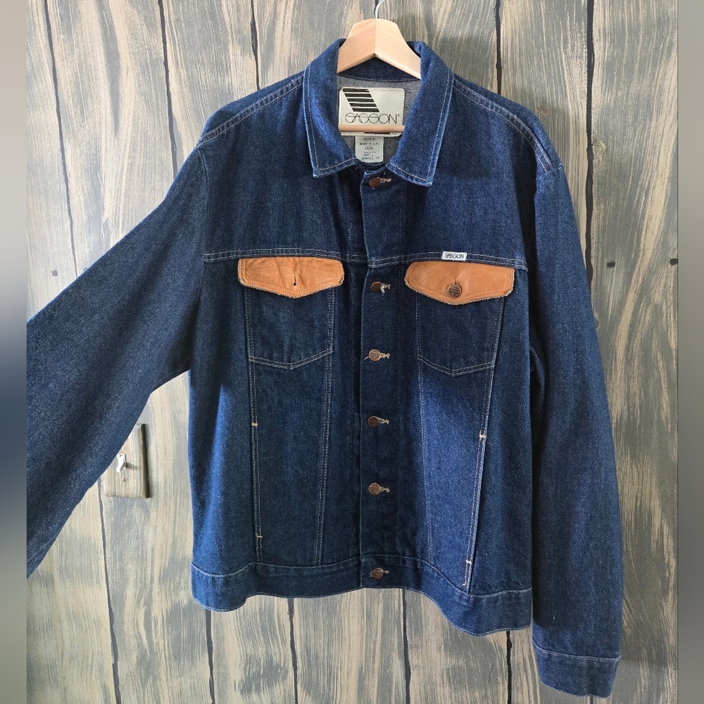 Sasson Vintage Blue Denim Jacket with Tan Accents Men's Size L - Picture 2 of 7